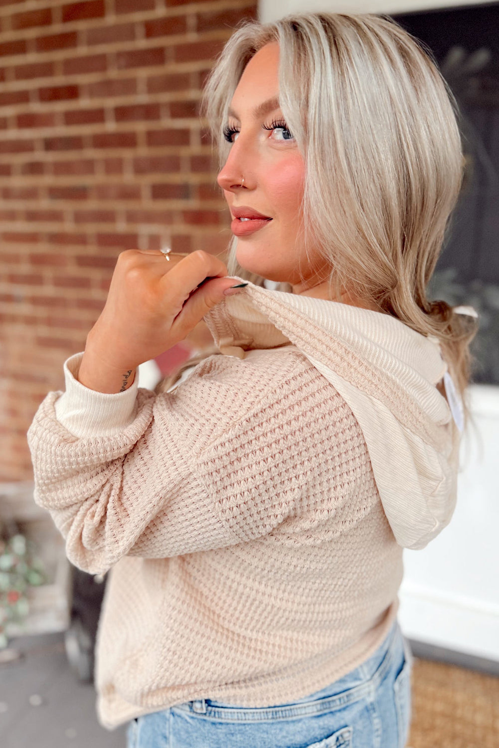 River Waffle Hooded Long Sleeve Top Threaded Pear