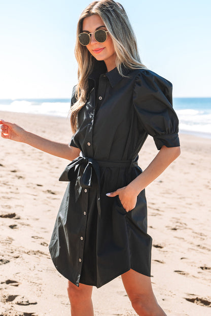 Malaya Button Up Tie Waist Puff Sleeve Mini Dress