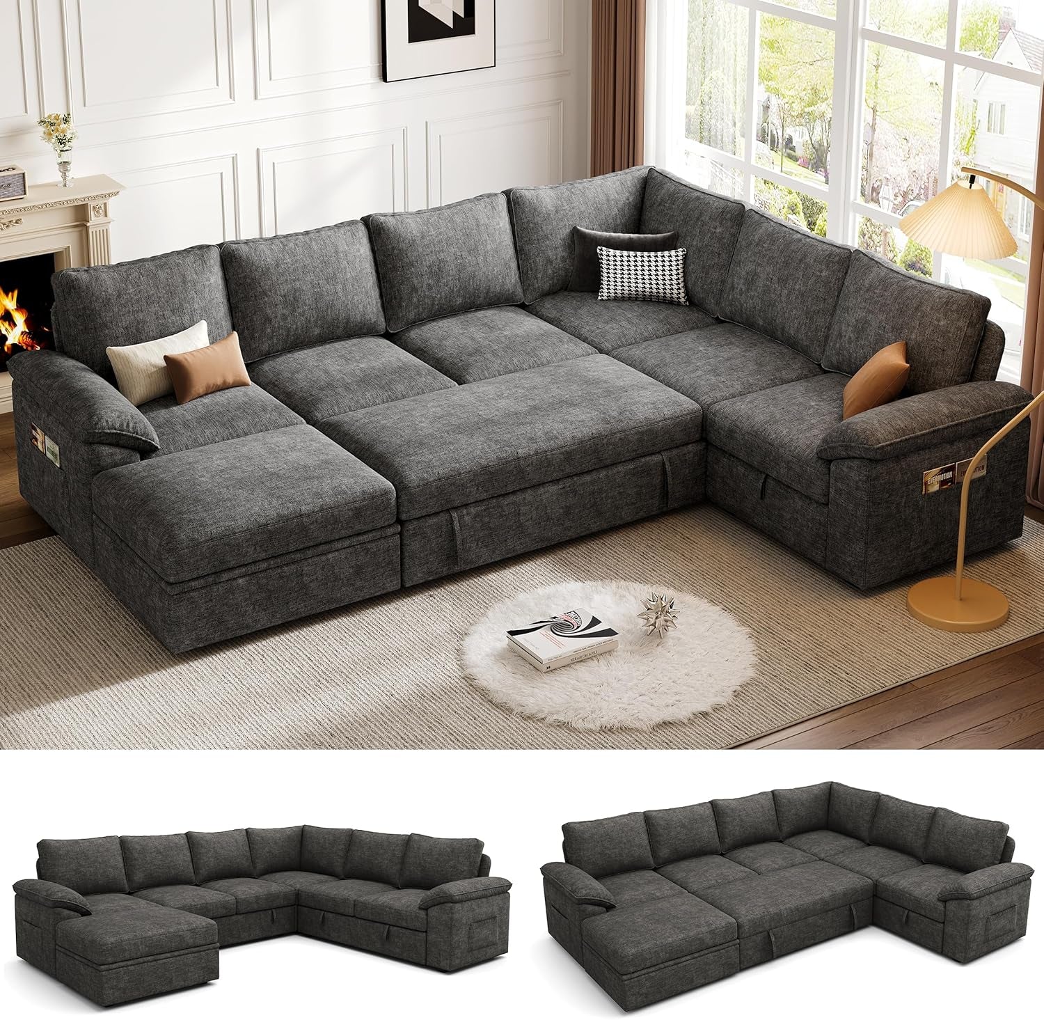 108 Inch Modular Sectional Sleeper Sofa CharcoalGrey ShipItFurniture