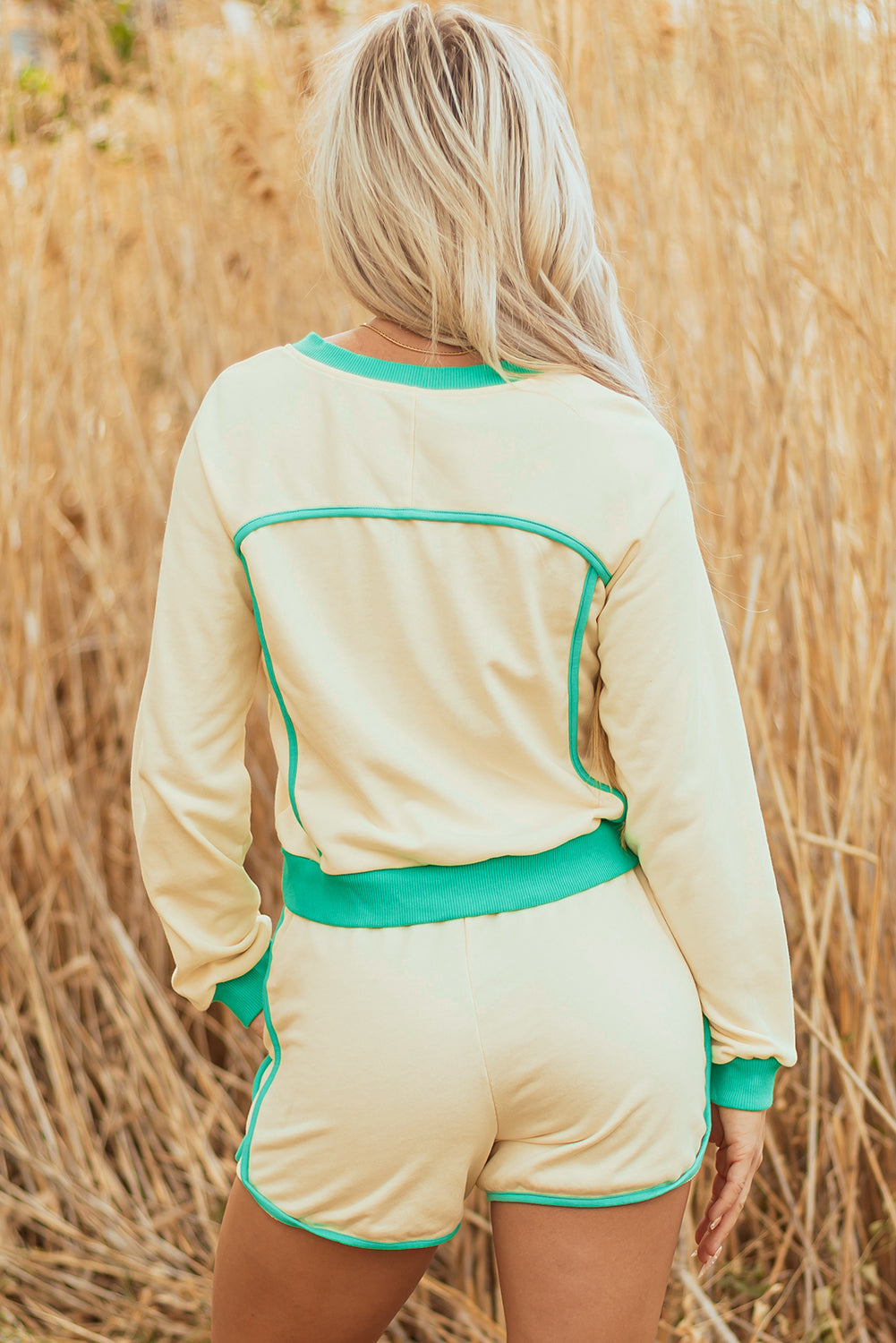 Wren Long Sleeve Pullover and Drawstring Shorts Outfit Threaded Pear