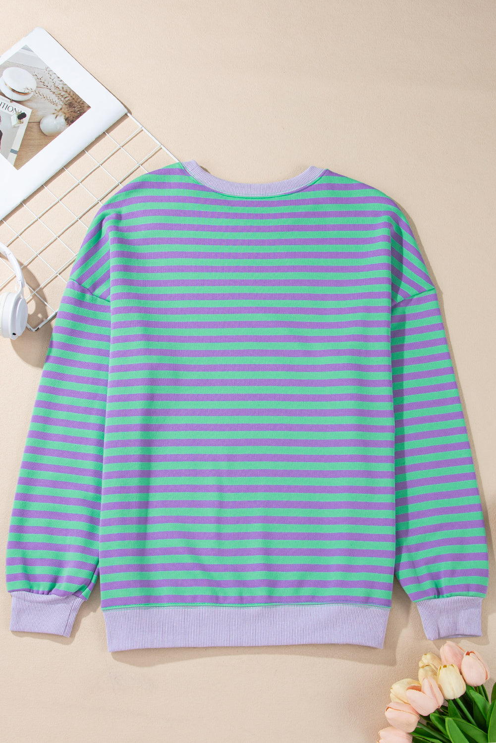 Elliana Stripe Crossed Stitch Drop Shoulder Sweatshirt Threaded Pear