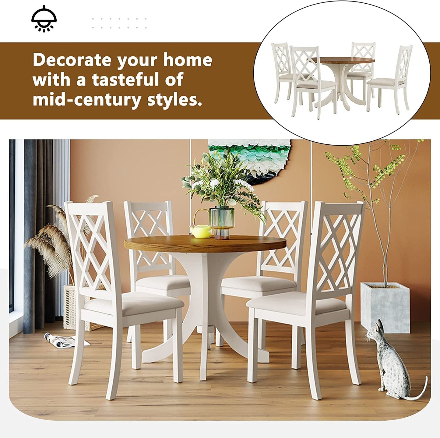 Dining Table Set for 4, Mid-Century Solid Wood 5-Piece round Dining Room Table Set ShipItFurniture