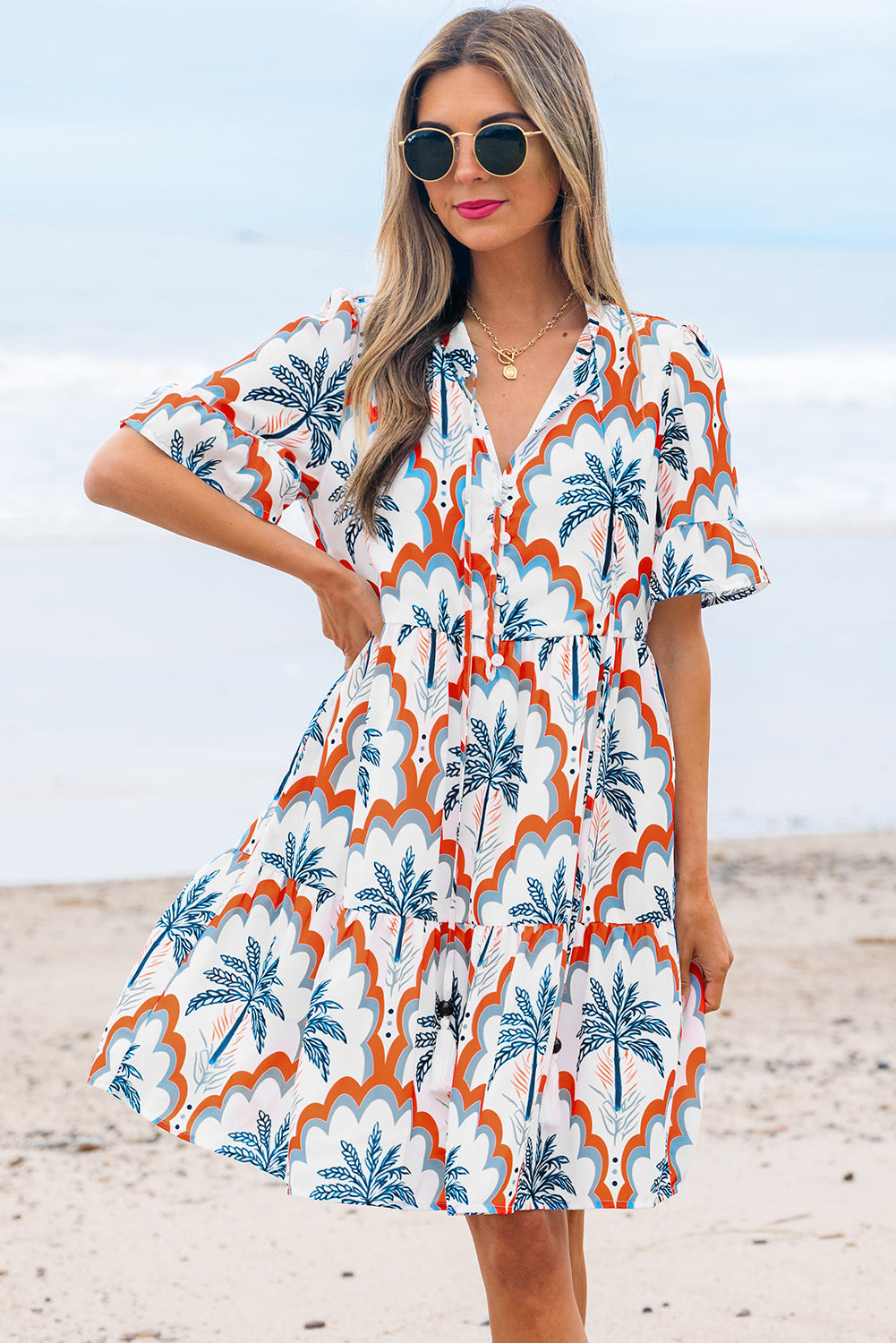 Genesis Palm Tree Printed Short Sleeve Dress