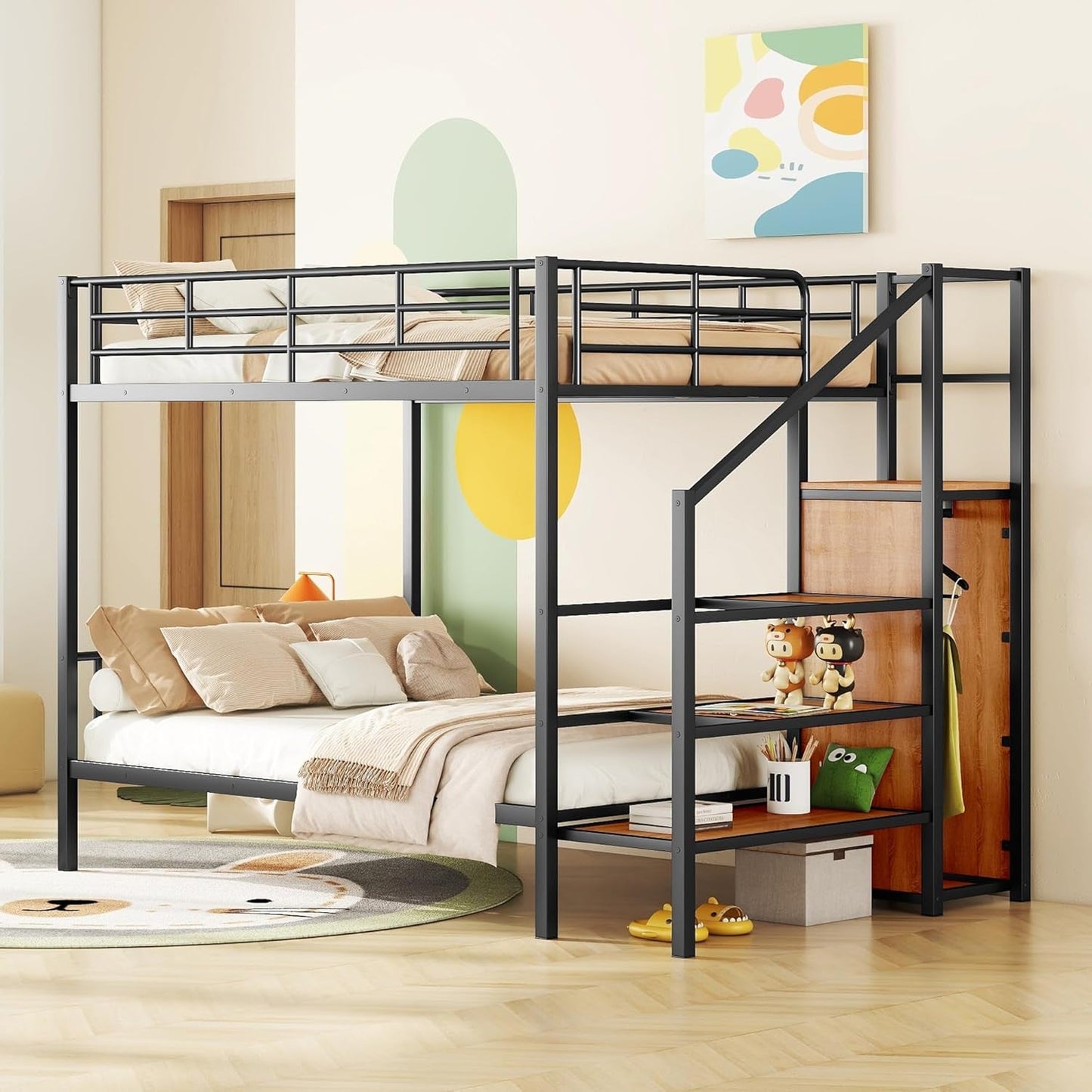 Full over Full Metal Bunk Bed，Bunk Bed with Storage Stairs and Wardrobe, Bunk Bed for Adults/Kids/Teens, Bunk Bed for School, Bedroom, Black ShipItFurniture
