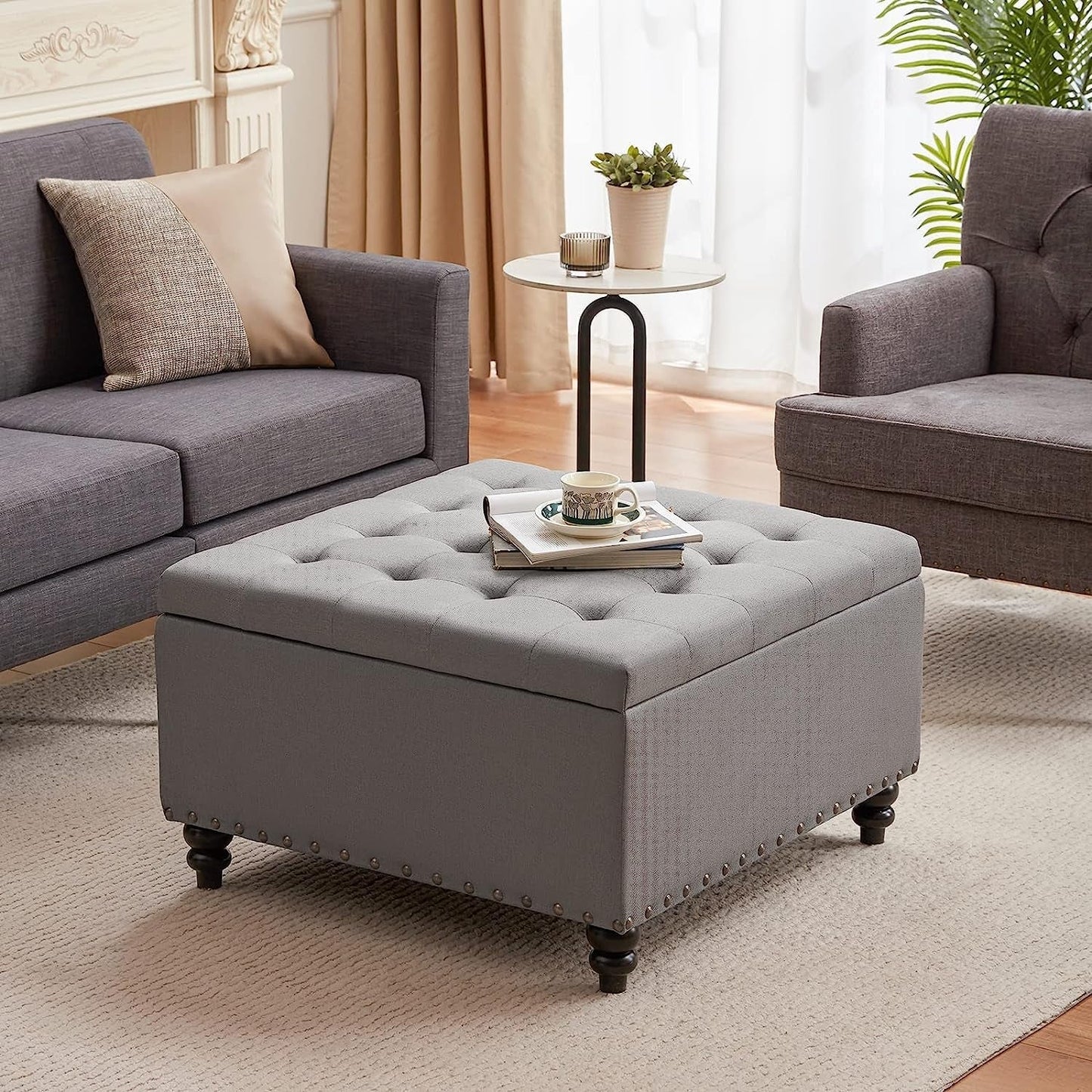Grey Tufted Storage Ottoman Square For Living Room ShipItFurniture