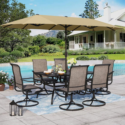 Patio Set with Umbrella 8 Pieces Outdoor Dining Set for 6 with 13Ft Double-Sided Patio Umbrella Beige, 6 X Swivel Patio Chairs, 1 Metal Table for Lawn Garden ShipItFurniture