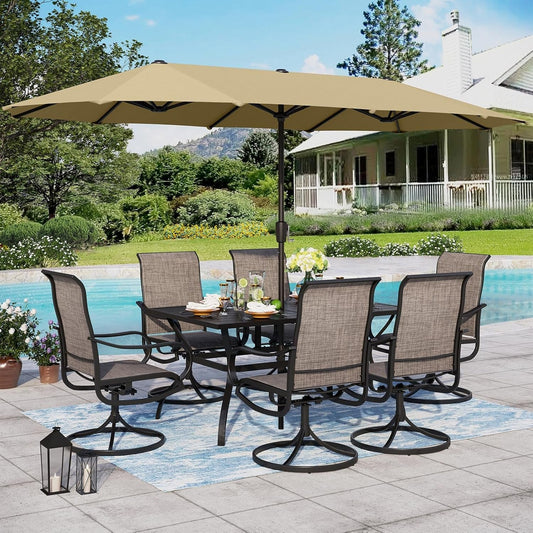 Patio Set with Umbrella 8 Pieces Outdoor Dining Set for 6 with 13Ft Double-Sided Patio Umbrella Beige, 6 X Swivel Patio Chairs, 1 Metal Table for Lawn Garden ShipItFurniture