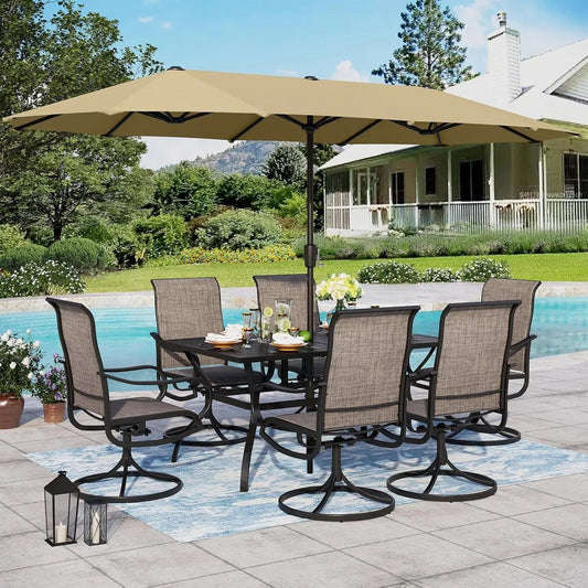 Patio Set with Umbrella 8 Pieces Outdoor Dining Set for 6 with 13Ft Double-Sided Patio Umbrella Beige, 6 X Swivel Patio Chairs, 1 Metal Table for Lawn Garden-0