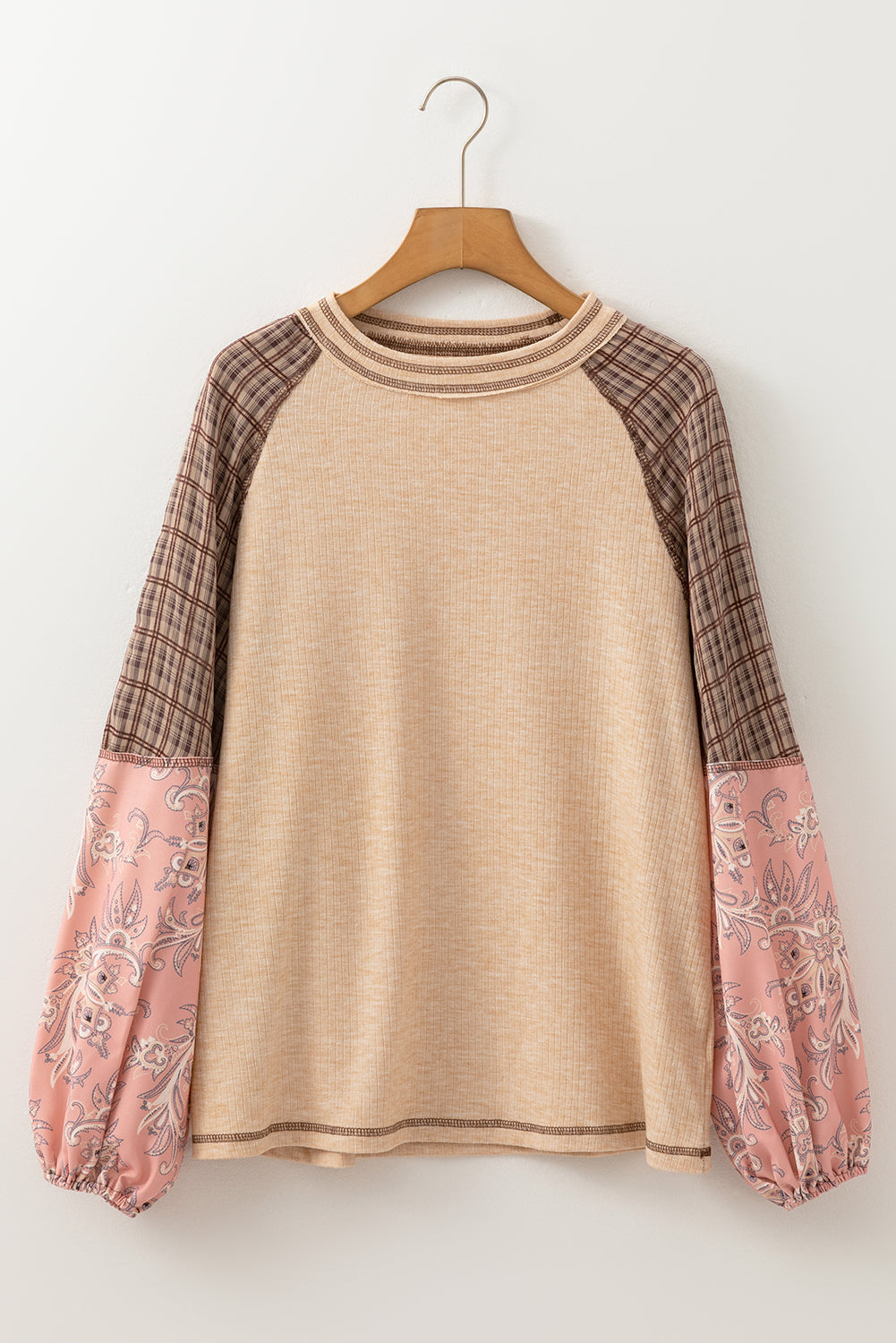 Elena Raglan Sleeve Ribbed Knit Patchwork Blouse Threaded Pear