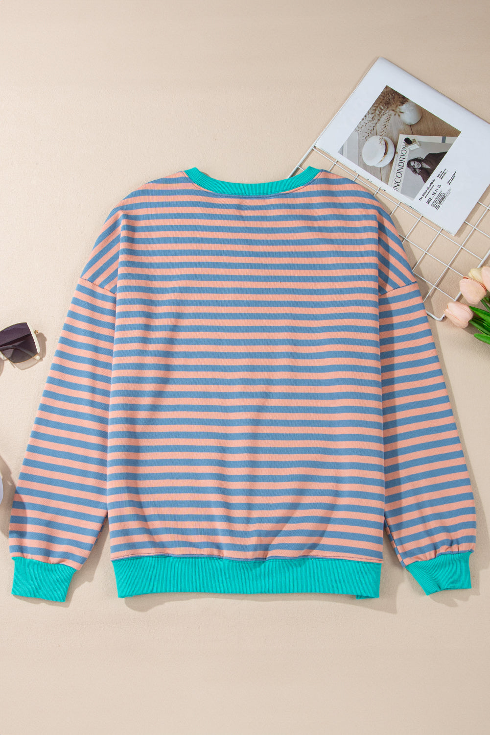 Elliana Stripe Crossed Stitch Drop Shoulder Sweatshirt Threaded Pear