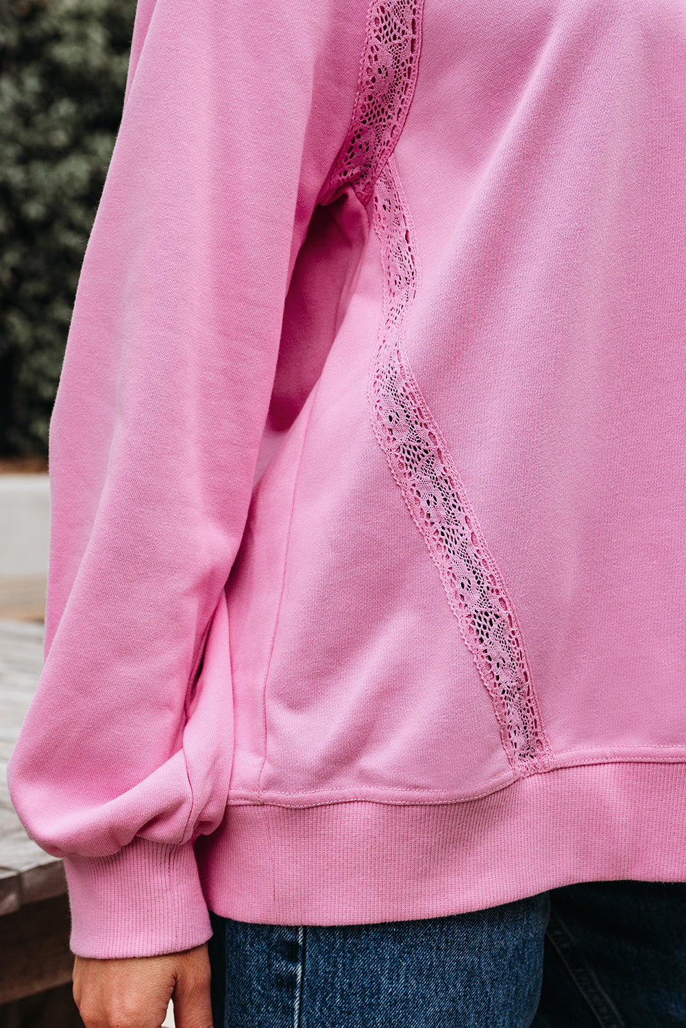 Lilah Lace Patched Raglan Sleeve Loose Fit Sweatshirt Threaded Pear