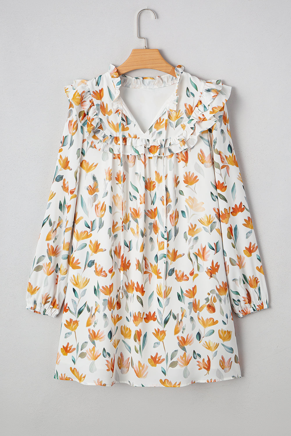 Katherine Floral Tie Neck Frilled Long Sleeve Dress Threaded Pear
