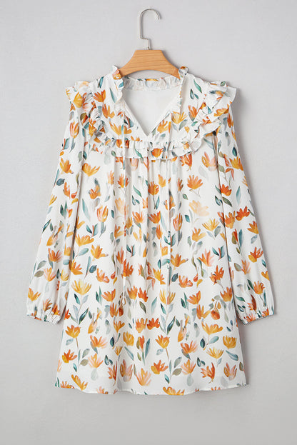 Katherine Floral Tie Neck Frilled Long Sleeve Dress
