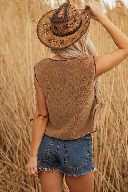 Nicole Contrast Trim Tie Front Sherpa Vest