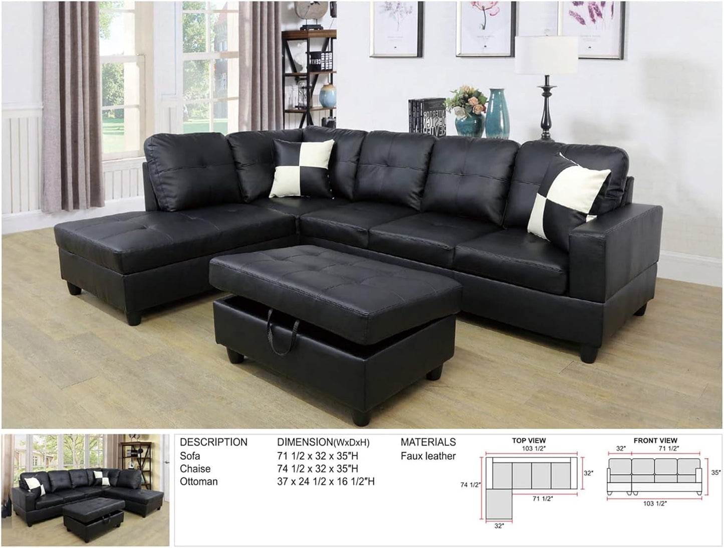 Faux Leather L Shaped Sectional Sofa Black 103 Inch Wide With Ottoman ShipItFurniture