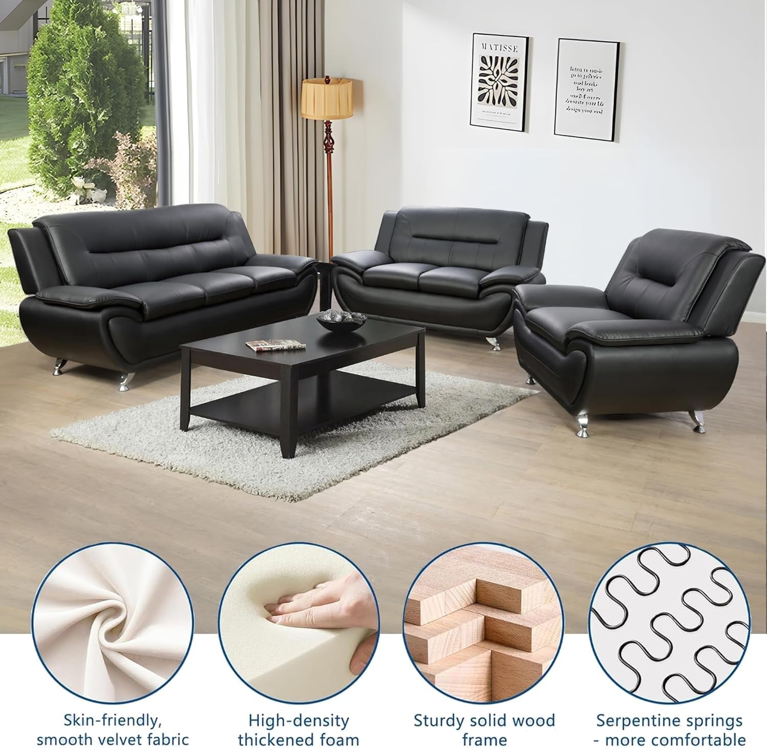 3 Piece Black Sofa Set Modern Living Room Couch Set Sofa Loveseat Chair For Home Decor ShipItFurniture