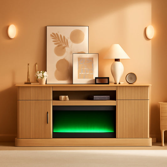 Fluted Walnut Fireplace TV Entertainment Console Drawers