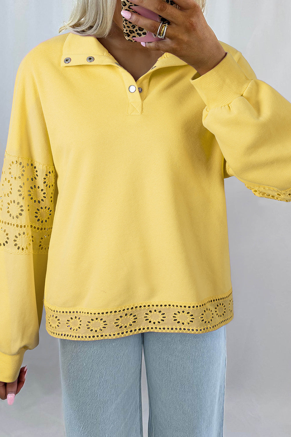 Evangeline Embroidered Flower Buttons Pullover Sweatshirt Threaded Pear
