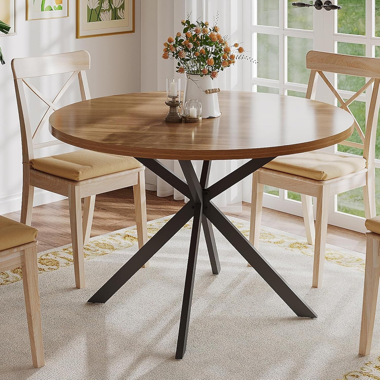 47.2 Inch Round Dining Table For 4 Walnut Farmhouse Kitchen