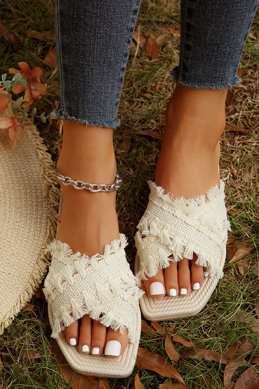 Vada Tassel Woven Crossed Straps Flat Slippers Threaded Pear