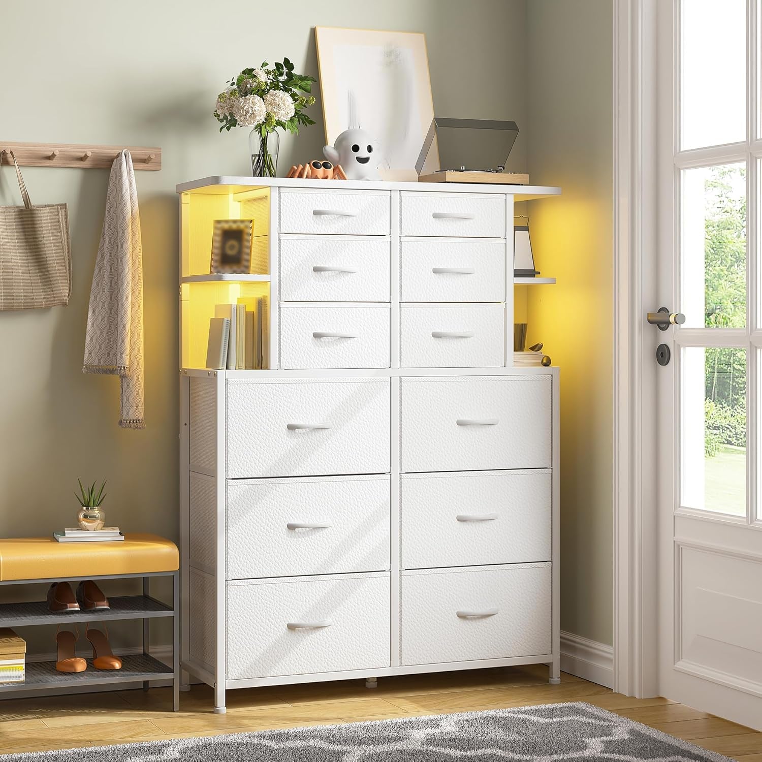 Dresser for Bedroom with LED Lights, 12 Drawers Bedroom Dresser, Black Dresser and Tall Dresser with Open Shelves, Fabric Dressers & Chests of Drawers with Sturdy Metal Frame, White ShipItFurniture
