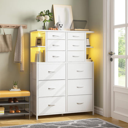 Dresser for Bedroom with LED Lights, 12 Drawers Bedroom Dresser, Black Dresser and Tall Dresser with Open Shelves, Fabric Dressers & Chests of Drawers with Sturdy Metal Frame, White ShipItFurniture