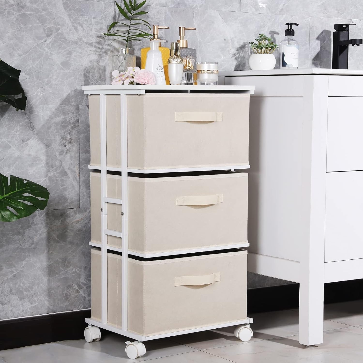 Dresser Tower with 3 Drawers,Fabric Dresser Drawer Organizer Unit,Dresser Chest with Wood Top,Vertical Storage Dresser,Small Dresser for Bedroom,Office-Beige ShipItFurniture