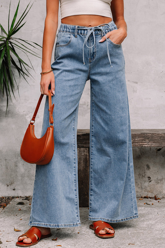 Zoe Medium Wash Super Wide Leg Denim Pants Threaded Pear