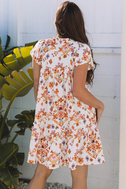 Marigold Floral Ruffled Trim Flutter Sleeve Dress