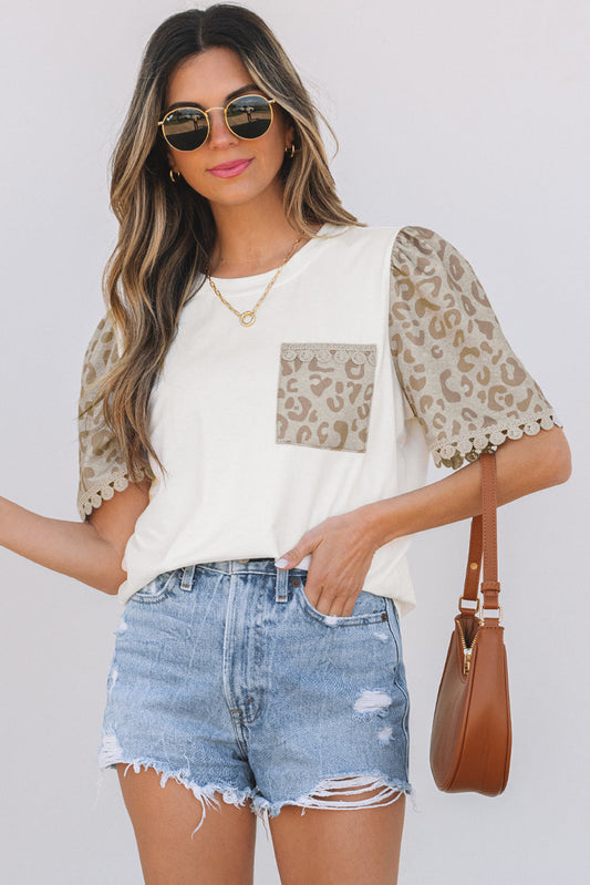 Leona Leopard Lace Trim Puff Sleeve Top