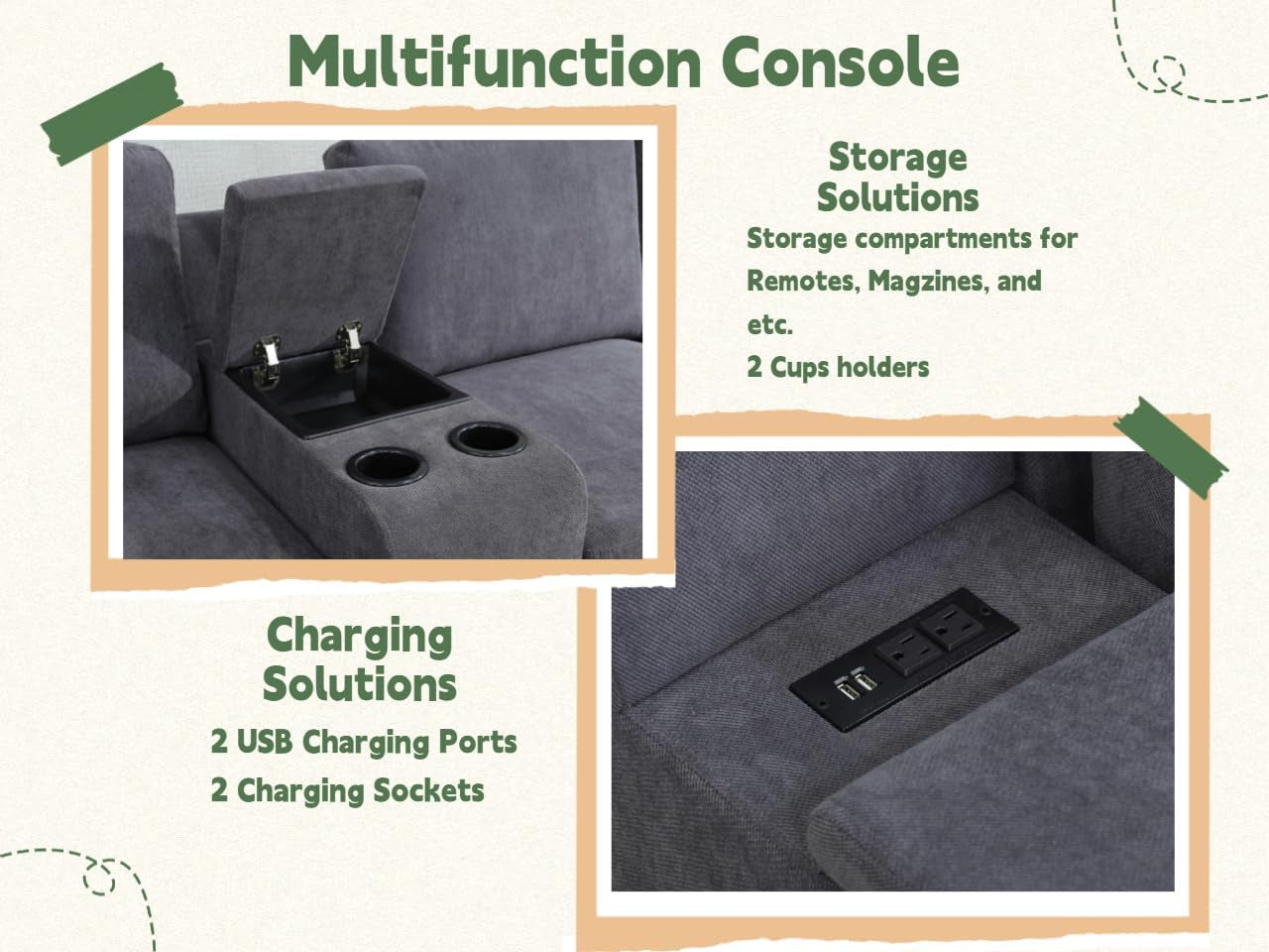 Flannel Modular Sectional Sofa With USB Ports Grey ShipItFurniture
