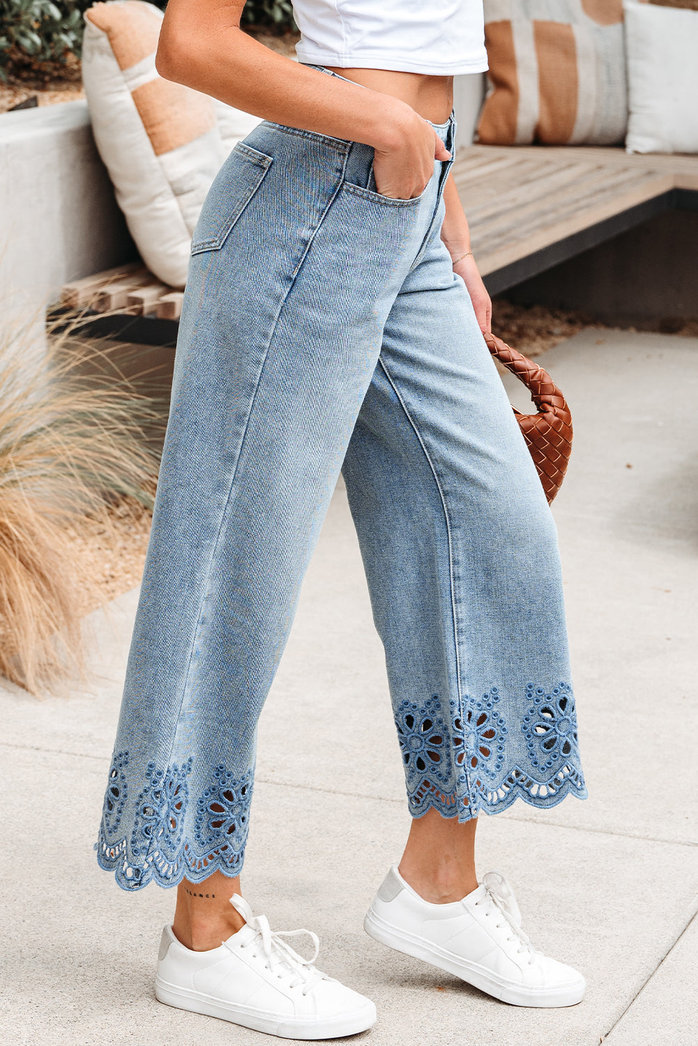 Juliette Embroidered Cropped Wide Leg High Waist Jeans Threaded Pear