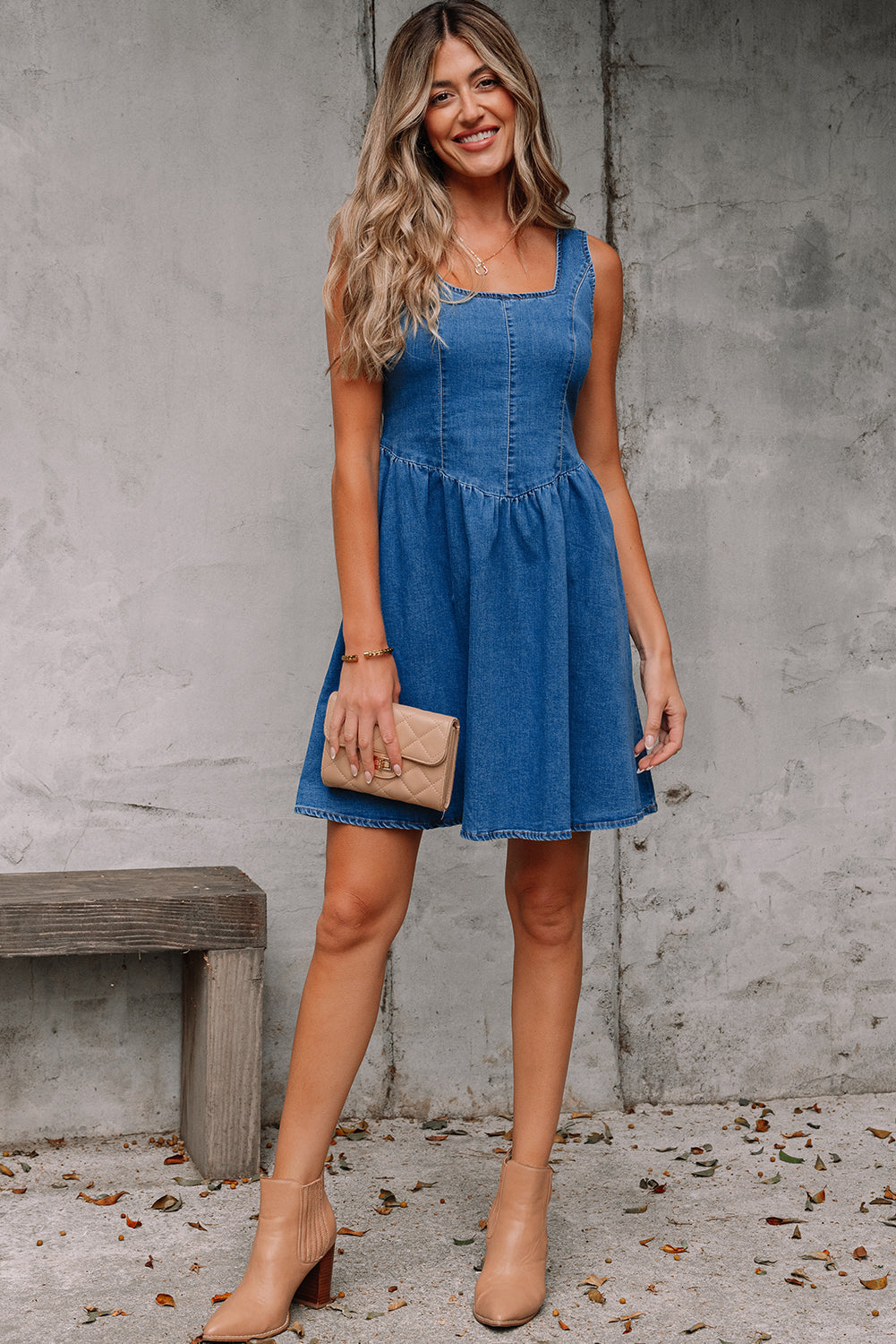 Emily Square Neck Bowknot A-line Denim Dress Threaded Pear