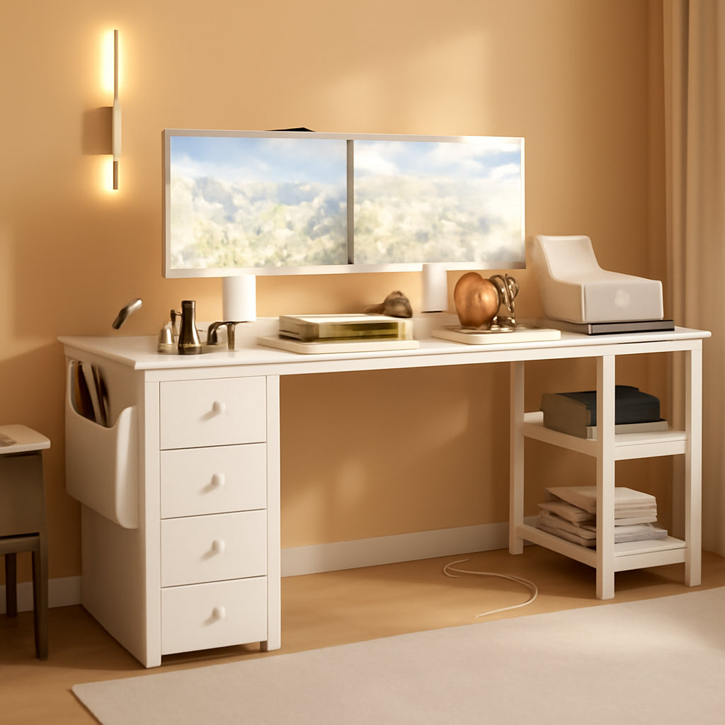 White L Shaped Desk 55 Inch With Power Outlet And Storage ShipItFurniture