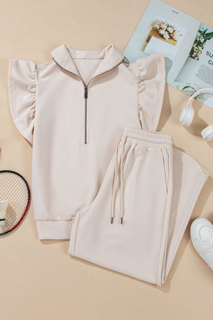 Kallie Ruffled Sleeve Zipped Top and Wide Leg Pants Set