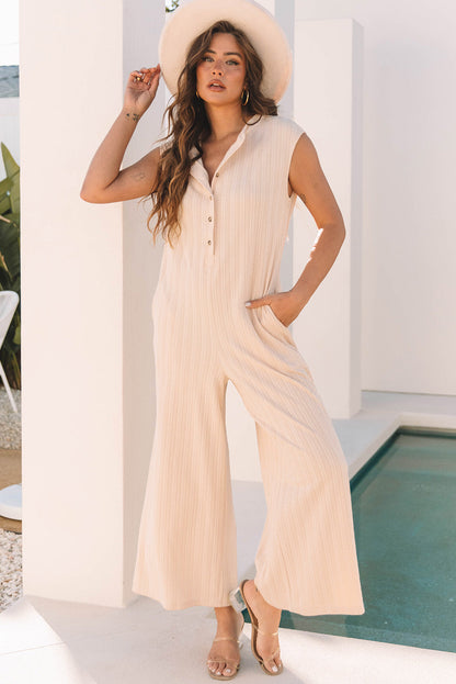 Textured Buttoned Wide Leg Sleeveless Jumpsuit