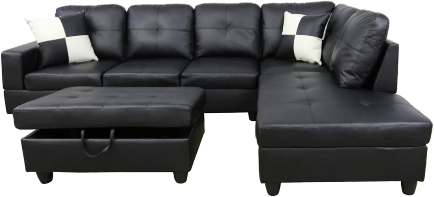 Faux Leather L Shaped Sectional Sofa Black 103 Inch Wide With Ottoman ShipItFurniture