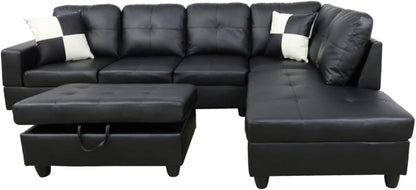 Faux Leather L Shaped Sectional Sofa Black 103 Inch Wide With Ottoman ShipItFurniture