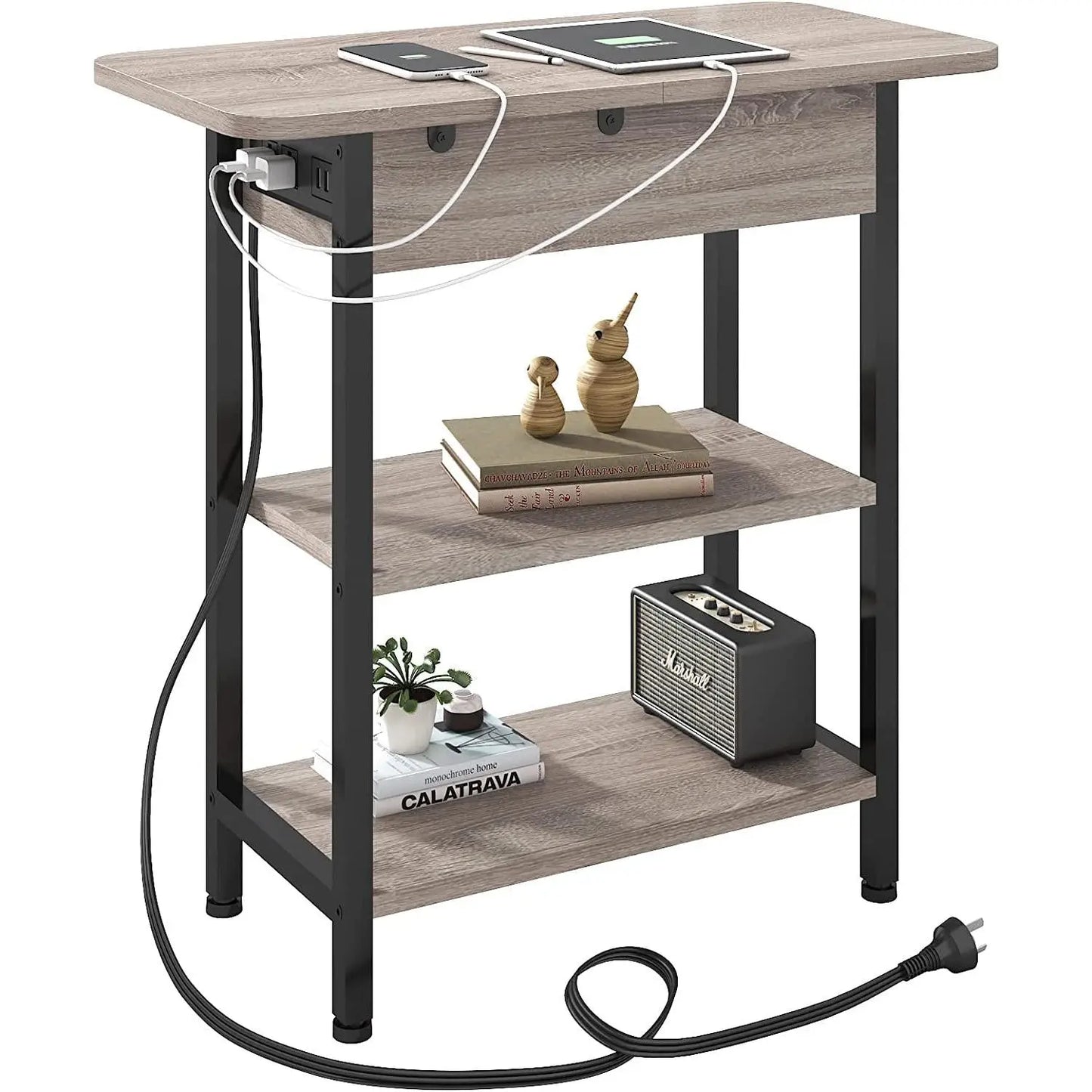 End Table With Vertical Charging Station And USB Outlets Greige-2