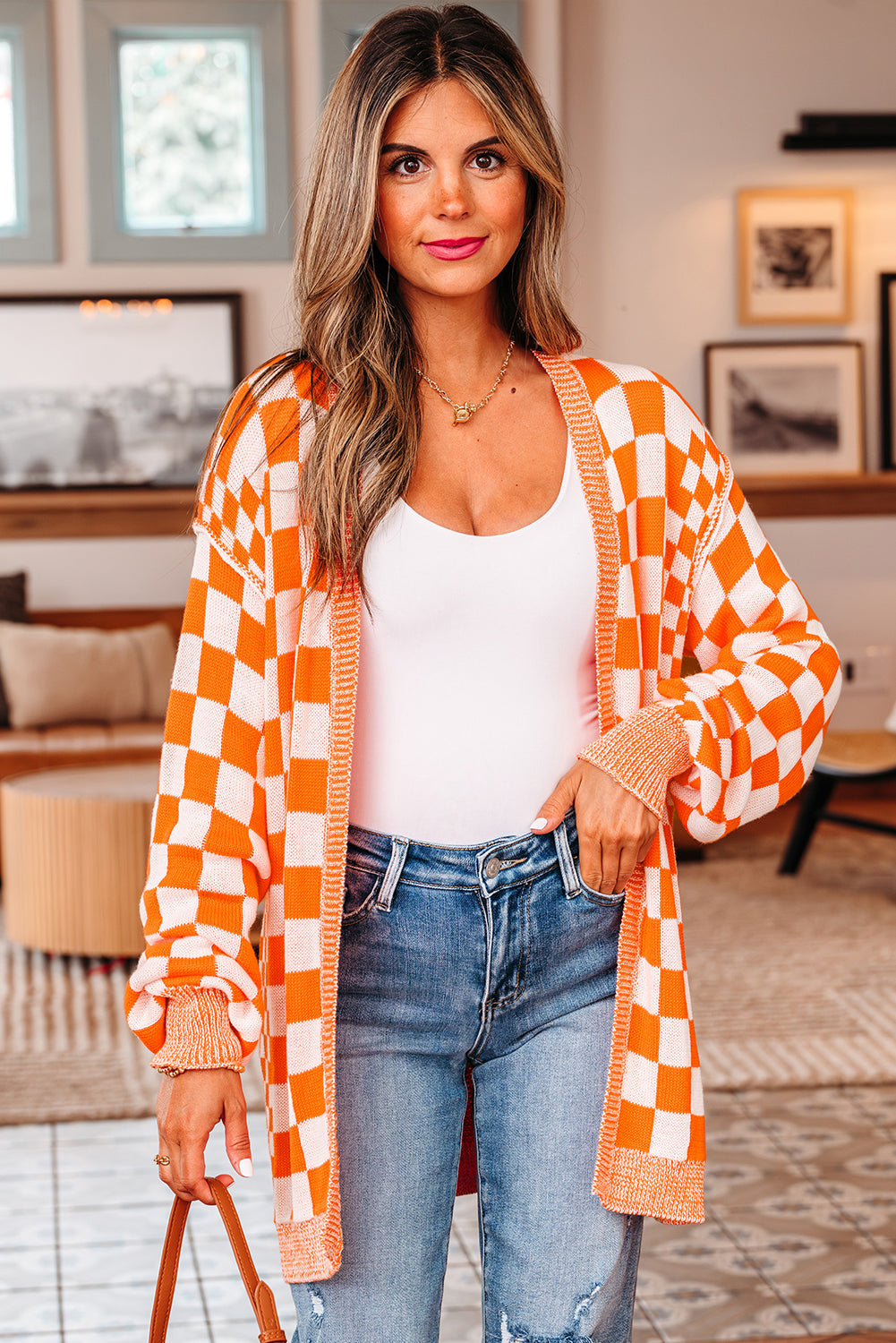 Wrenley Checkered Open Front Drop Shoulder Cardigan Threaded Pear