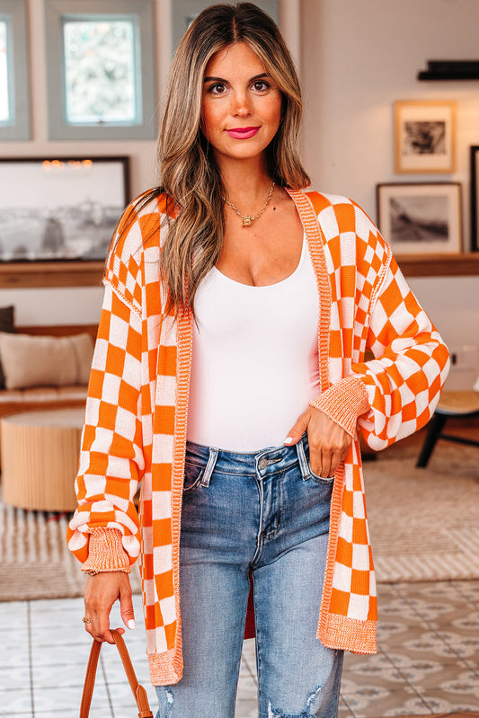 Wrenley Checkered Open Front Drop Shoulder Cardigan Threaded Pear