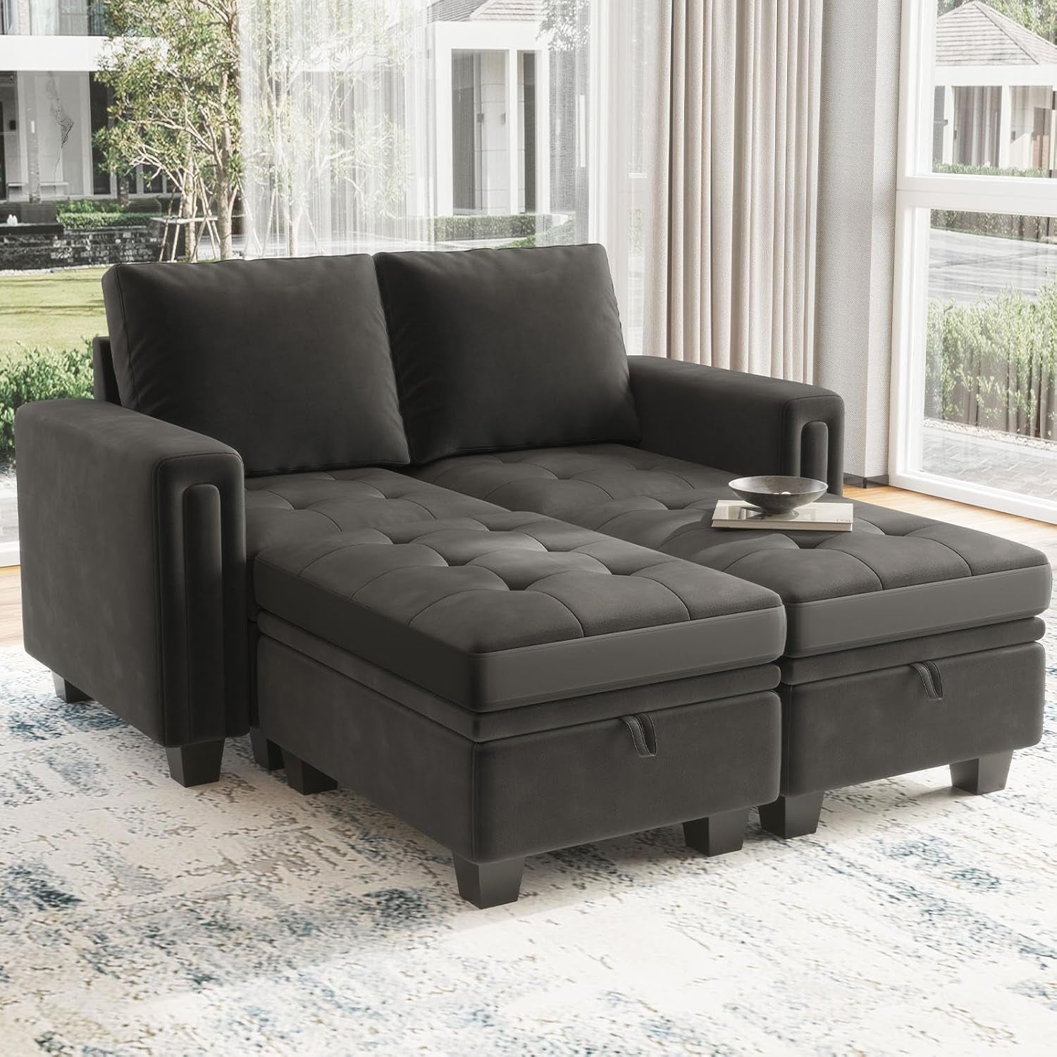 Grey Velvet Modular Sectional Sofa With Storage And Sleeper ShipItFurniture