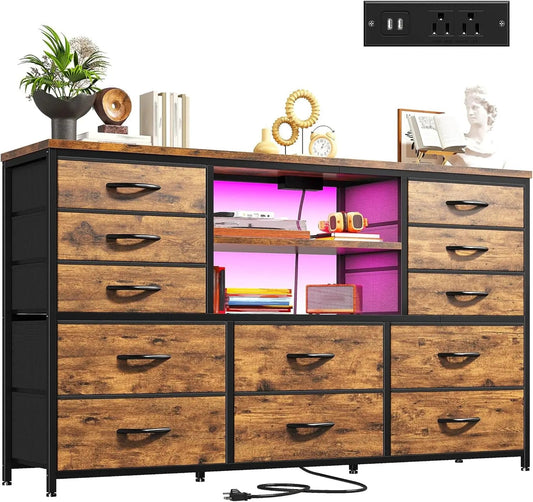 Dresser with LED Lights & Power Outlets, 12 Drawers Dresser TV Stand for 60''TV for Bedroom Dresser Fabric Dressers & Chest of Drawers, Sturdy Long Dresser for Closet Living Room,Hallway-0