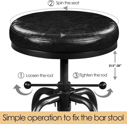 Industrial Bar Stools Vintage Counter Height Bar Stool with round Faux Leather Seat Metal Stool Adjustable Kitchen Stool 21.5-28 Inch Tall Black, 1PCS-4