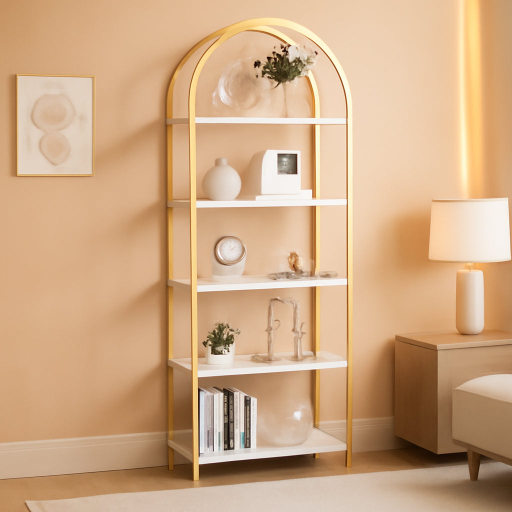5 Tier Bookshelf Arched Display White Gold Metal Frame Bookcase ShipItFurniture