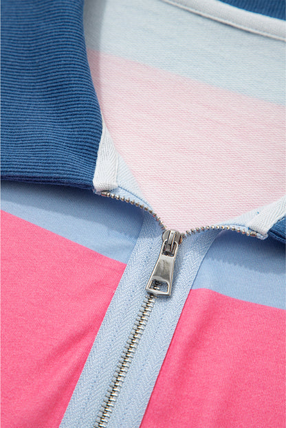 Blue Stripe Colorblock Patchwork Zip up Plus Size Pullover