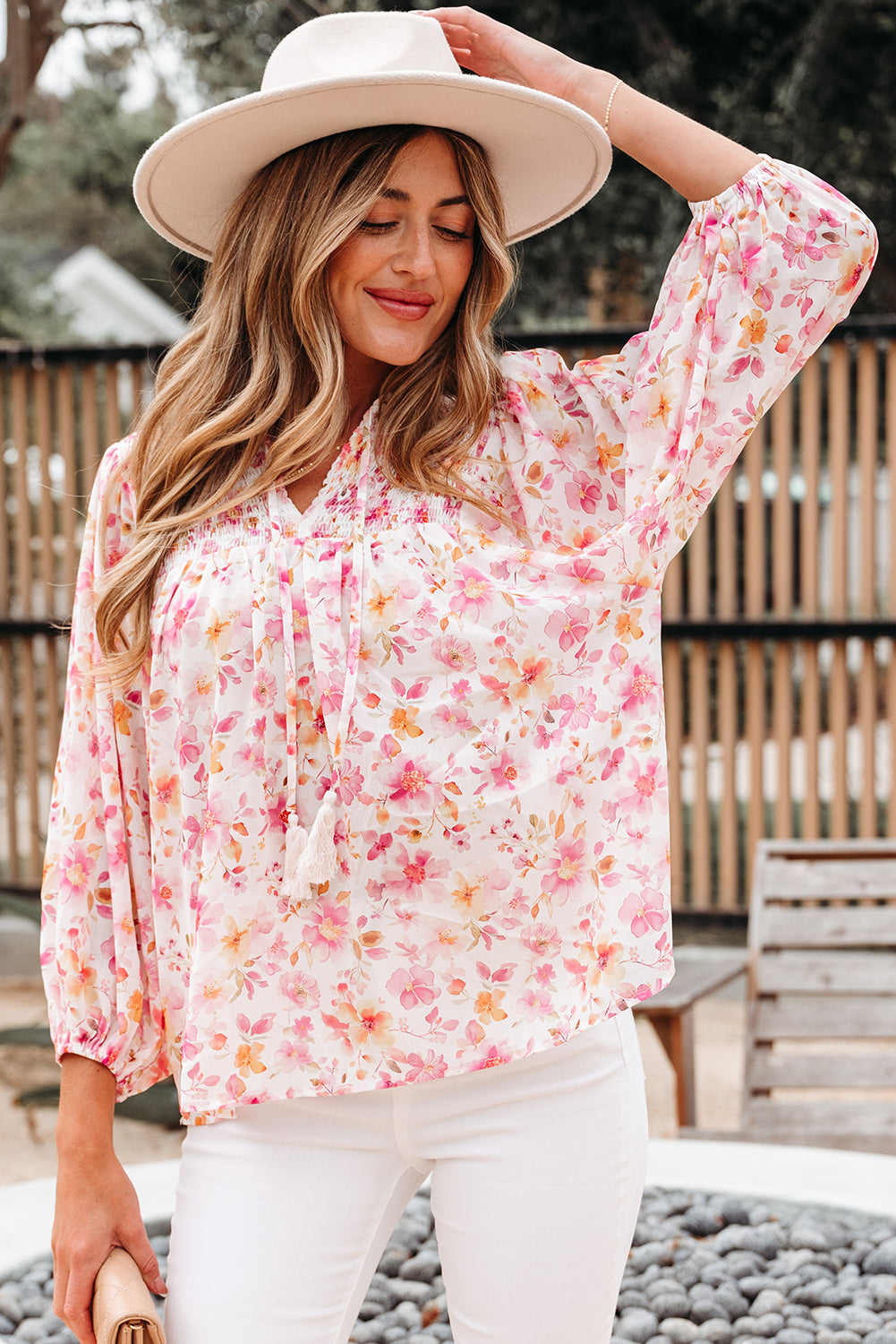 Sienna Floral Tassel Tie Tunic Blouse Threaded Pear