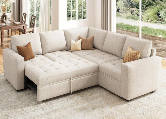 Beige Modular Sleeper Sectional Sofa With StorageBin ShipItFurniture