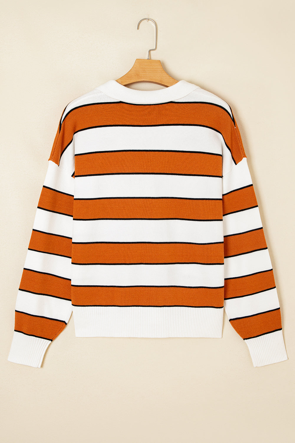 Valeria Stripe Ribbed Polo Collar Drop Shoulder Sweater Threaded Pear