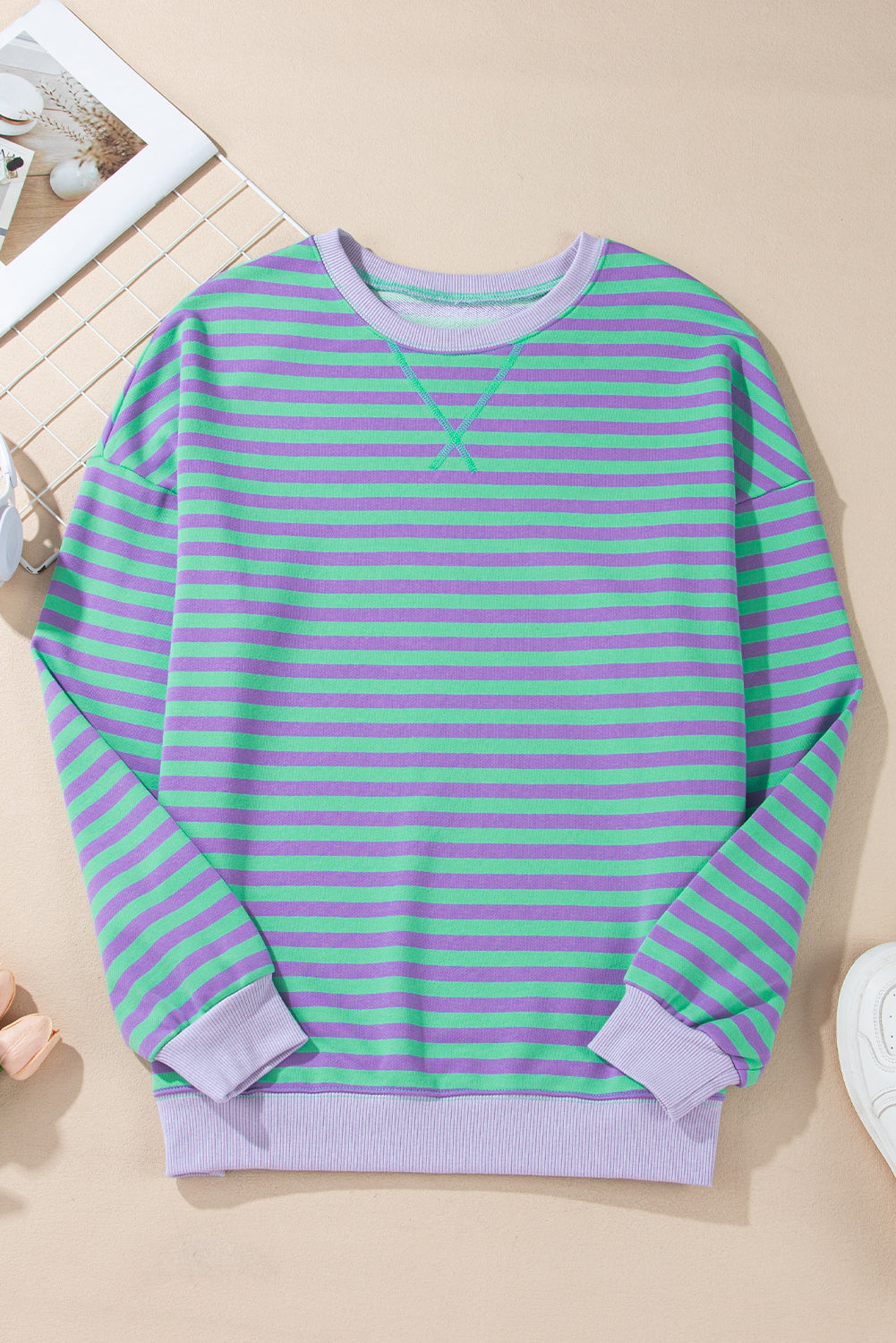 Elliana Stripe Crossed Stitch Drop Shoulder Sweatshirt Threaded Pear
